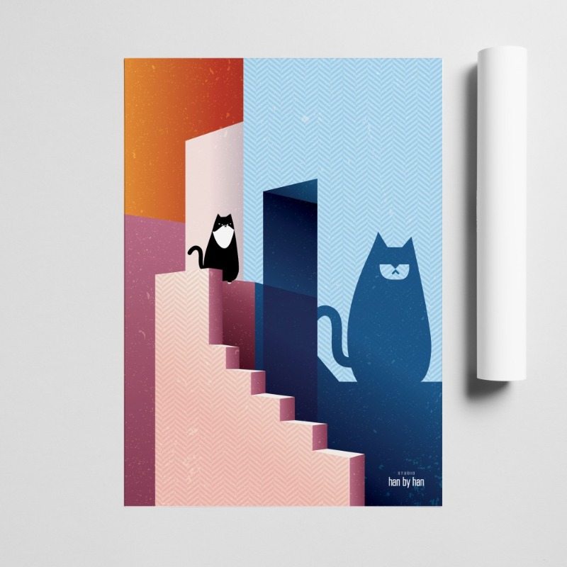 인테리어 포스터 Bat Cat on staircase